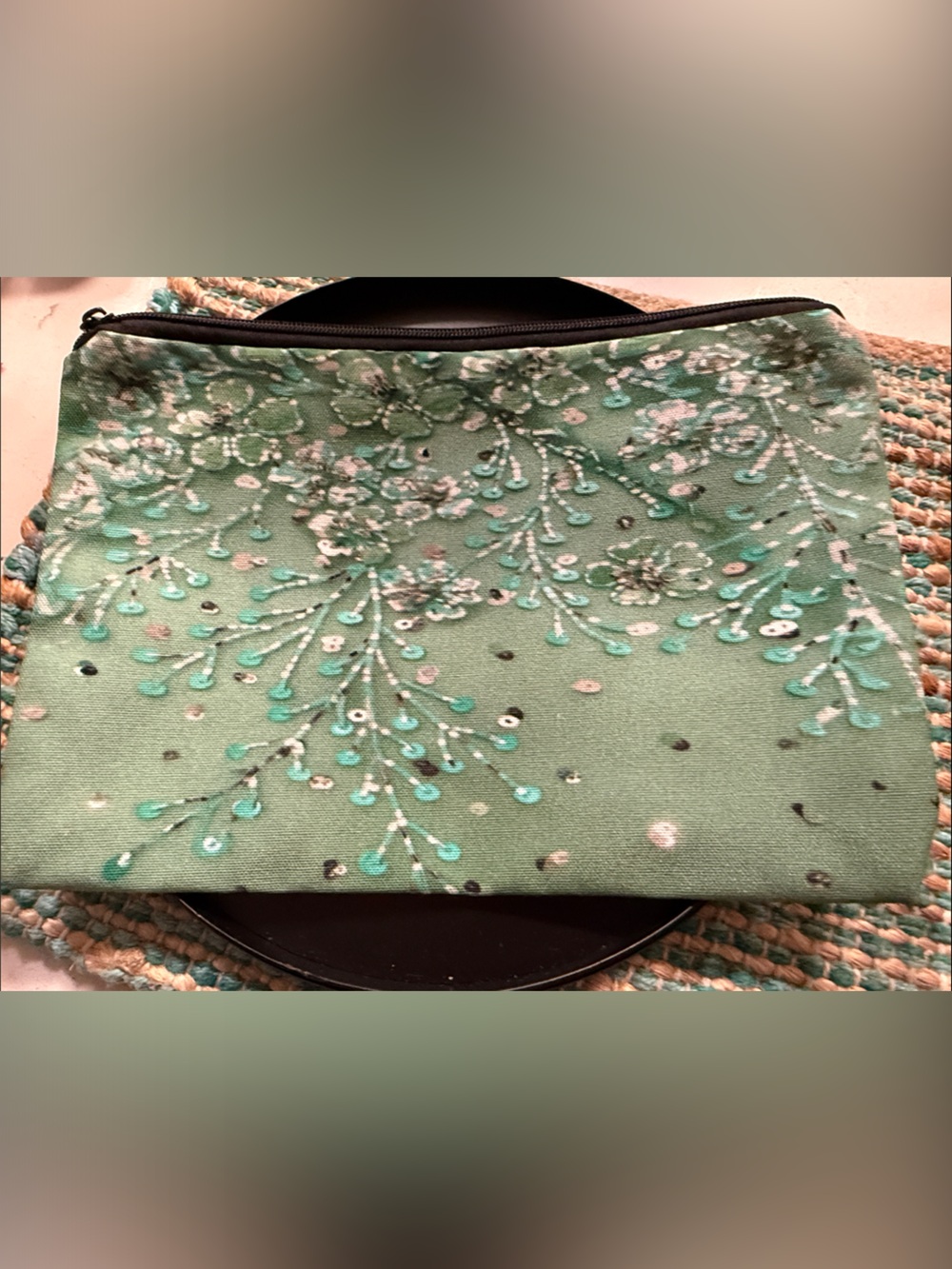 Green Floral Zip Pouch Clutch